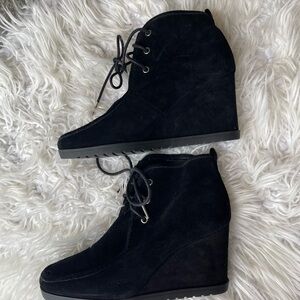 Black Suede Wedge Ankle Boots with Lace-Up Design